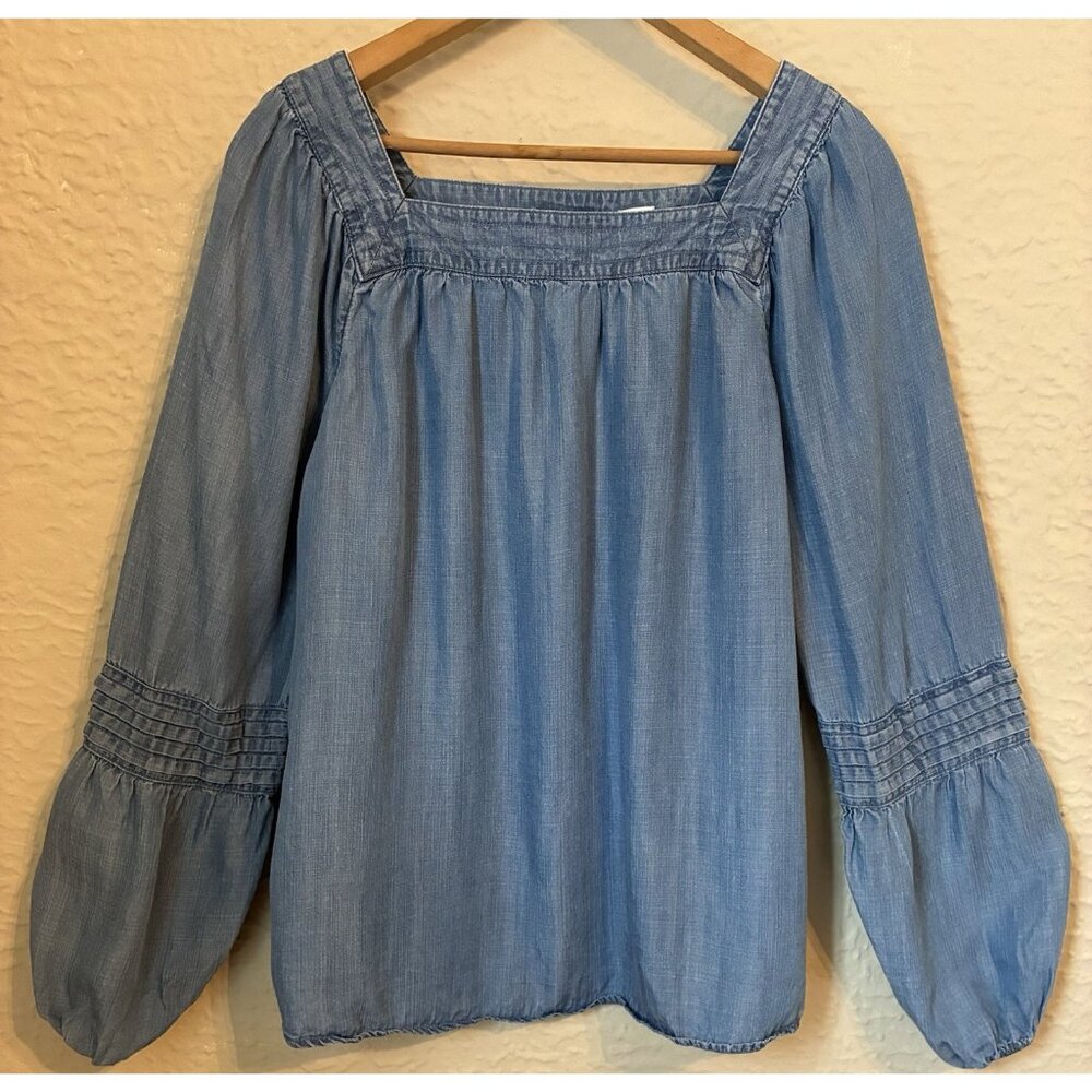 Lauren Conrad Pullover Boho Blue Chambray Denim Long Peasant Sleeve Blouse Sz M